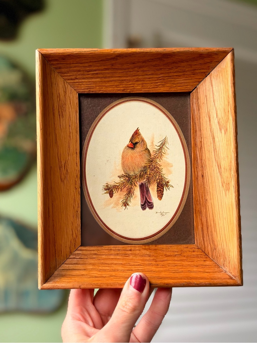 Framed Cardinal Art Print in Vintage Brown Wood Frame Wall Decor Nature